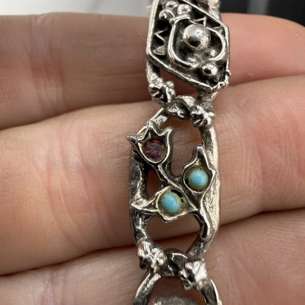 Vintage Goldette Bracelet Silver Tone Mixed Accents Floral Bee 7in